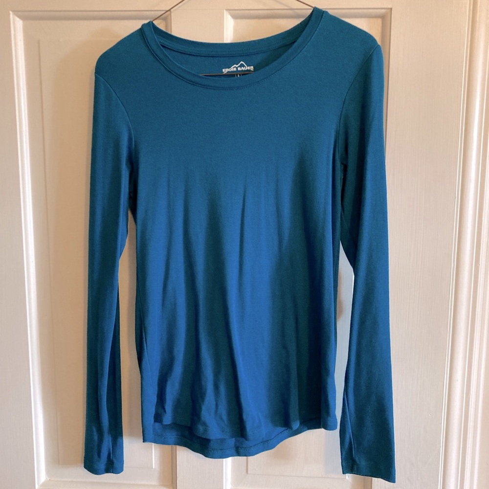 Eddie Bauer Long Sleeve Base Layer T Shirt, Blueish-Green, size SMALL